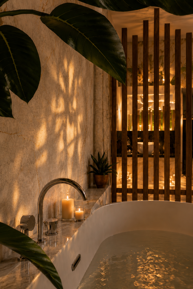 Bagno di lusso con natura e luci soffuse