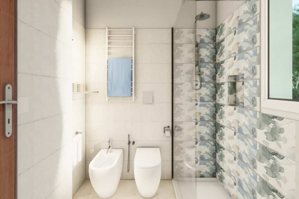 Bagno con pianelle fiori azzurri