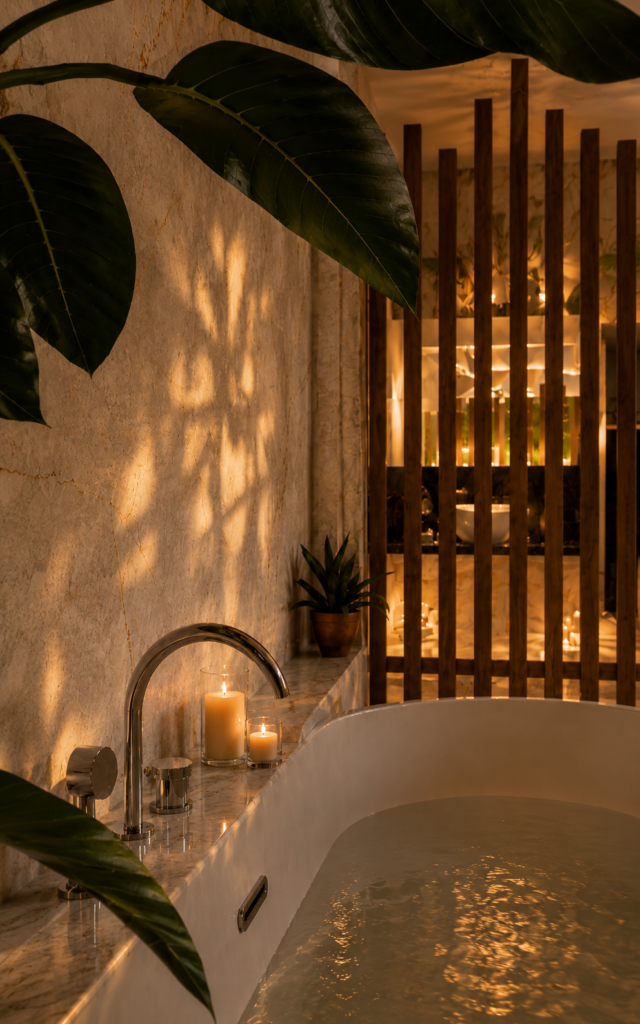 Bagno di lusso con natura e luci soffuse