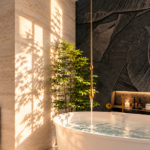 Bagno con Vasca miscelatore sospeso dorato e tappezzeria