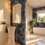 Bagno di lusso tra marmo blu e luce dorata