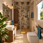 Bagno moderno con dettagli botanici e legno