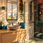 Bagno moderno con luce dorata e ombre tropicali